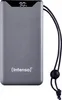 A gray power bank with a digital display showing 90% charge and a black lanyard attached. Voir les images du produit