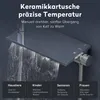 A close-up of a modern shower fixture with water flowing, overlaid with marketing text highlighting features and target users. Produktbild-Vorschau