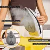 A person is holding a steam iron over a yellow t-shirt on an ironing board, with steam coming from the iron. There are callouts highlighting product features. Produktbild-Vorschau