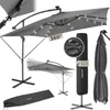 A collage of images showing a gray cantilever patio umbrella with LED solar lighting, its cover, and a diagram illustrating its 360-degree rotation and waterproof feature. Produktbild-Vorschau
