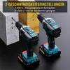 Two cordless drills are shown in a studio-like setting, with one drilling into a concrete block and the other into a wooden beam. Text overlays describe the drill's speed settings. Produktbild-Vorschau