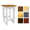 A white stool with a wooden top is shown next to a grid of six color swatches representing different wood finishes. Náhled obrázku produktu