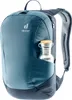 A close-up view of a blue Deuter backpack with a water bottle in the side pocket. Podgląd zdjęcia produktu