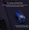 A gaming mouse and keyboard on a dark surface, with text describing connectivity features. Produktbild-Vorschau