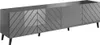 A long, low TV stand with a chevron pattern on the doors, shown from a slight angle against a white background.