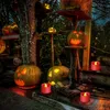 A spooky Halloween scene with carved pumpkins and LED tea lights arranged on wooden platforms and surfaces in an outdoor setting at dusk. Produktbild-Vorschau