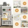 A collage of images showing a white kitchen storage shelf with various items on it, along with close-ups and diagrams illustrating its features. Náhled obrázku produktu
