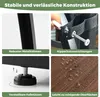 A collage of four images showcasing features of a plant stand, including its metal frame, anti-tip devices, adjustable feet, and water-resistant surface. Podgląd zdjęcia produktu