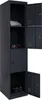A dark gray metal locker with multiple compartments, some open, showing items inside. Produktbild-Vorschau