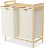A wooden laundry hamper with two fabric compartments and a top shelf. Produktbild-Vorschau