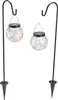 Two solar-powered hanging globe lights on stakes, designed for outdoor use. Produktbild-Vorschau