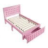 A pink single bed with a drawer underneath, shown from a diagonal angle against a white background. Anteprima dell’immagine prodotto