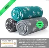 Three rolled-up fleece blankets with paw prints, two gray and one turquoise, stacked on top of each other. There are promotional text overlays and certifications. Produktbild-Vorschau
