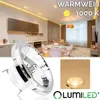 A collage showing a modern kitchen and living room interior, a close-up of an LED spotlight, and a sample of warm white light. Produktbild-Vorschau
