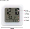 A digital clock displaying time, date, and temperature, with labels pointing to each function. Produktbild-Vorschau