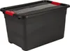 A black plastic storage box with red handles and a clear lid insert. Produktbild-Vorschau