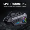 A close-up marketing image of a black motorcycle helmet Bluetooth headset with colorful LED lights. Produktbild-Vorschau