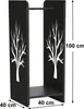 A black firewood rack with a tree silhouette design, showing dimensions. Podgląd zdjęcia produktu