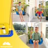A collage of images showing children on a swing set, with a yellow background and a logo. Produktbild-Vorschau