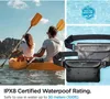 People kayaking on water, with product shots of waterproof pouches and a waterproof certification badge. Produktbild-Vorschau