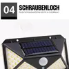 Close-up of a solar-powered outdoor light with a motion sensor and solar panel, with marketing text overlay. Produktbild-Vorschau