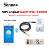 A collage of a smartphone displaying a smart switch app, a Sonoff Wi-Fi smart switch with a temperature sensor, and temperature/humidity readings. Produktbild-Vorschau