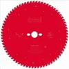 A circular saw blade with red coating and silver teeth, featuring branding and technical information. Podgląd zdjęcia produktu