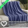 A blue fleece blanket draped over a sofa, with a green banner and text overlay. Náhľad obrázku produktu