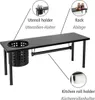 A black kitchen counter organizer with labels pointing out different parts and functions. Náhled obrázku produktu