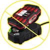 A black and red battery charger with a battery on top, enclosed in a yellow circle with diagonal lines crossing it. Produktbild-Vorschau