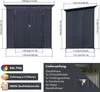 A collage of images showing a dark gray metal shed with dimensions, color information, and a list of included items. Anteprima dell’immagine prodotto