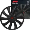 A set of black Formula 1 branded wheel covers with a red F1 logo in the center, shown on a white background with a partial view of the product packaging behind it. Produktbild-Vorschau