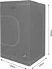 A gray grow tent with dimensions indicated by text overlays. Produktbild-Vorschau