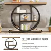 A console table with a circular metal frame and wooden shelves, displayed against a gray wall and on a rug. Voir les images du produit