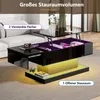 A modern black lift-top coffee table with internal storage compartments and LED lighting, shown in a living room setting. Voir les images du produit