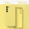 A yellow phone case is shown from the front and back, with text indicating it is made of silicone and microfiber. Produktbild-Vorschau