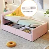 A pink upholstered bed with storage drawers and a lifted mattress, showing the interior storage compartments and a close-up of an LED light strip with USB and Type-C ports. Náhľad obrázku produktu