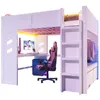 A white loft bed with a desk, gaming chair, and computer setup underneath. The bed has LED lighting. Podgląd zdjęcia produktu