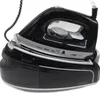A black and silver steam iron and its base are shown against a white background. Produktbild-Vorschau