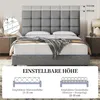 A bed with a padded headboard and bedding, with diagrams illustrating recommended mattress and overall bed heights. Produktbild-Vorschau