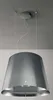 A modern, cone-shaped island range hood made of brushed stainless steel, suspended from the ceiling by thin wires. Produktbild-Vorschau