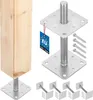 A wooden post is shown attached to a metal post anchor, with other post anchors and screws displayed separately. Náhled obrázku produktu