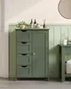 A green bathroom cabinet with four drawers and a single door, placed in a bathroom setting with green paneled walls and a cream-colored upper wall. Produktbild-Vorschau