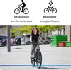 A young girl rides an electric bicycle in an urban setting, with graphic icons and text above highlighting product features. Voir les images du produit