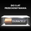 A Duracell battery is displayed inside a transparent box, with text above indicating long storage life. Produktbild-Vorschau