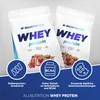 Two bags of ALLNUTRITION Whey Protein are shown, with icons and text describing product features. Produktbild-Vorschau