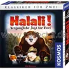 The image shows the box of a board game called Halali! Vergnügliche Jagd für Zwei, featuring cartoonish illustrations of animals and a hunter. Anteprima dell’immagine prodotto