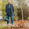 A woman is using a leaf blower in a garden with fallen leaves. Produktbild-Vorschau