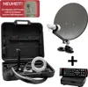 A collection of satellite dish equipment, including a dish, receiver, remote, and carrying case, displayed against a white background. Produktbild-Vorschau