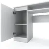 A close-up view of a white desk with an open cabinet door revealing shelves and a pull-out keyboard tray. Produktbild-Vorschau